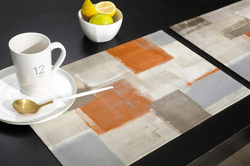 Bingigo Orange Placemats Set of 4 for Dining Table Cotton Linen Heat Insulating Kitchen Table Mats Durable Washable Burnt Orange Brawn Gray Paint Art Garffiti Placemats for Farmhouse Kitchen Table