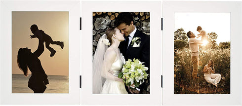 Golden State Art, 5x7 Three Picture Frame Trifold Hinged Photo Frame with 3 Openings, Desk Top Family Picture Collage, with Real Glass (5x7 Triple, White, 1-Pack)