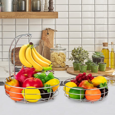 Bextsrack 2-Tier Fruit Basket Bowl with Banana Hanger for Kitchen Countertop, Dining Table, Silver
