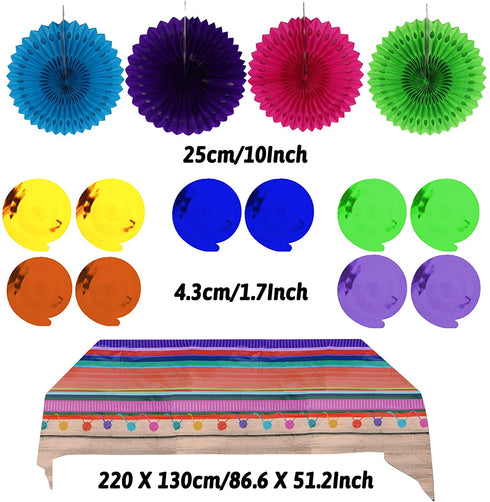 Recosis Fiesta Party Decorations, Multicoloured Tablecover Paper Fans Pompoms Paper Balloon Garlands Hanging Swirls Decorations for Fiesta Mexican Cinco De Mayo Taco Birthday Party Supplies