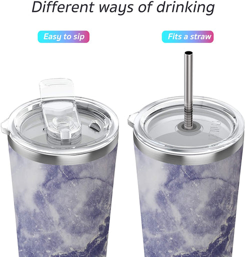 Stainless Steel Vacuum Insulated Tumbler - THILY Travel Mug 26 oz Coffee Cup with 2 Lids and Straws, Splash Proof, Keep Ice Drinks Cold, Blue Marble