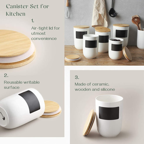DOWAN Coffee Canister for Ground Coffee, 60 OZ (1800 ML) Kitchen Canisters with Airtight Lid & Chalkboard, Farmhouse White Ceramic Canisters, Food Storage Containers for Coffee, Sugar, Tea, Salt