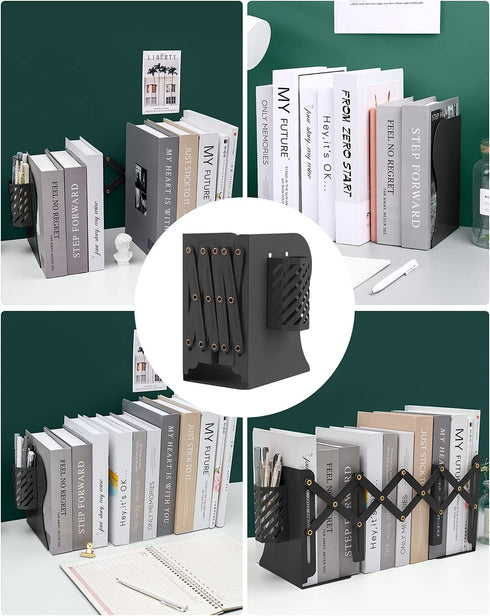 MSDADA Adjustable Bookends, Book Ends for Heavy Books, Expandable Book Organizer with Pen Holder for Desk, Shelf, Office, for 6 7 8 9-15 Boys and Girls, Extends up to 19 inches (Black)