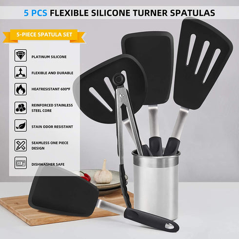 CGSGDK Silicone Flexible Turner Spatula Set, 5-Piece Heat Resistant Flexible Rubber Spatulas,Silicone Cooking Utensil Set,Non Stick Rubber Kitchen Utensils for Cooking Fish, Steak,Eggs, Pancakes