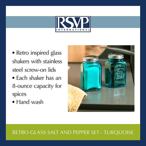 RSVP International Retro Glass Salt & Pepper Shaker | Stainless Steel Lids |, 8 oz, Turquoise