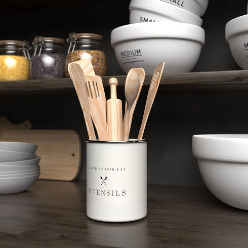 Barnyard Designs Metal White Kitchen Utensil Holder for Kitchen Counter, Rustic Farmhouse Utensil Holder for Countertop Decor, Country Kitchen Spatula Holder, Large Decorative Cooking Holder Organizer