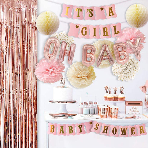 Rose Gold Baby Shower Decorations for Girl Pink Gold Its A Girl Baby Shower Banner Rose Gold OH Baby Foil Letter Balloons Rose Gold Foil Fringe Curtains Tissue Pom Poms Honeycomb Balls by HappyField
