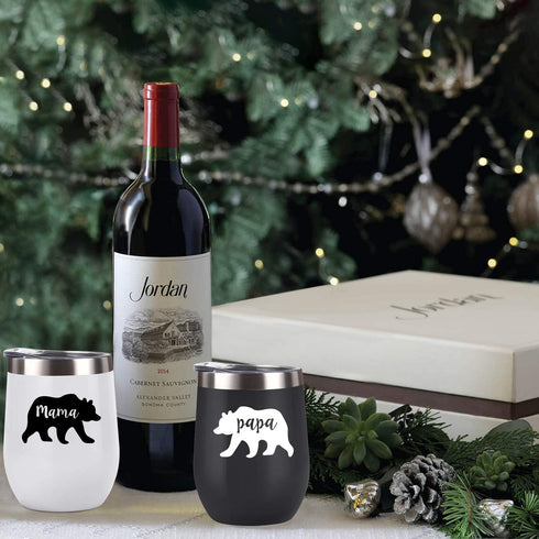 Gingprous Mama Bear, Papa Bear Couple Wine Tumbler Set, Gifts for Couples, New Parents, Pregnancy, New Mom and New Dad, 12 Oz Insulated Stainless Steel Wine Tumbler with Lid(Set of 2, Black and White)