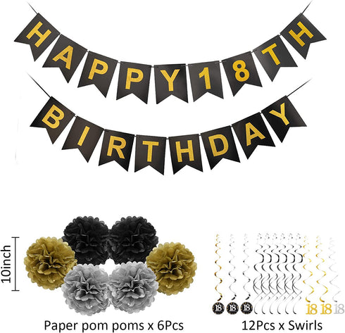 Luxiocio Happy 18th Birthday Party Decorations Supplies Kit - 19Pcs - 1Pcs Happy 18th Birthday Banner, 12Pcs Sparkling Hanging Swirl, 6Pcs Poms - 18 Year Old Birthday Decorations for Girls & Boys