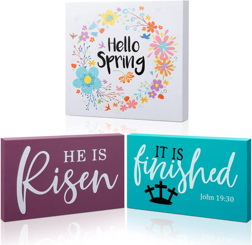 3 Pieces Easter He Is Risen Tiered Tray Decor Wood Table Sign Hello Spring Table Centerpiece Standing Decor It Is Finished Wood Tiered Tray Decoration for Easter Party Farmhouse Home Table Decor
