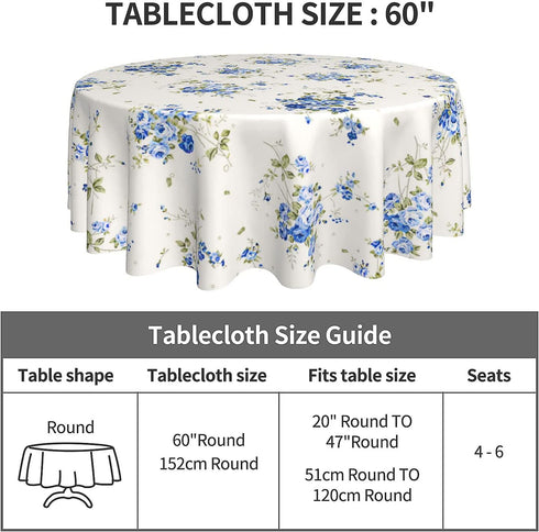Spring Summer Blue Floral Tablecloth Round 60 Inches Elegant Watercolor Flower Tablecloth Polyester Washable Table Cover Table Cloth for Kitchen Dining Room Outdoor Picnic Patio Party