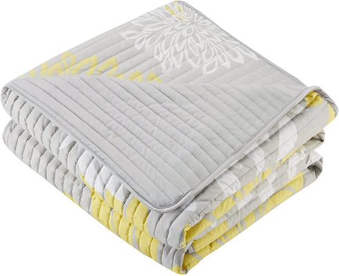 Comfort Spaces Enya 3 Piece Quilt Coverlet Bedspread Ultra Soft Floral Printed Pattern Bedding Set, King, Yellow-Grey,CS14-0062