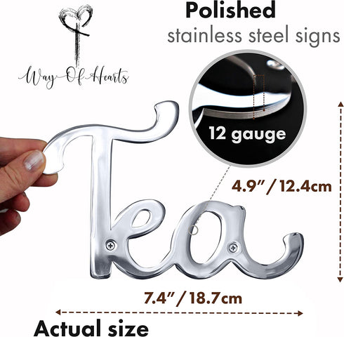 Way Of Hearts - Stainless Steel Metal Tea Sign for Kitchen Wall Decor - 7.4" x 4.9" Polished Silver Kitchen Wall Art - Decoration for Tea and Coffee Station - Including hardware set