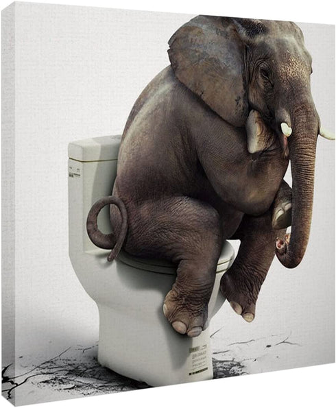 Chucoco Oil Paintings on Canvas Funny Elephant Sitting on the Toilet Abstract Wall Art Print with Framed Ready to Hang, Living Room Kitchen Bedroom Home Decorations 16x16 inch
