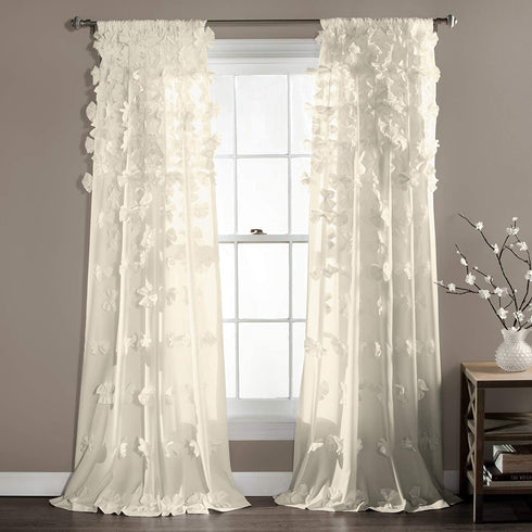 Lush Decor Riley Curtain Sheer Ruffled Textured Bow Window Panel for Living, Dining Room, Bedroom (Single), 84 x 54, Ivory
