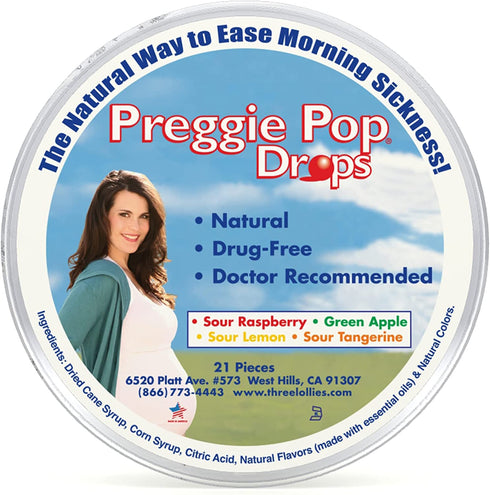 Preggie Pop Drops | 21 Drops | Morning Sickness & Nausea Relief during pregnancy | Safe for pregnant Mom & Baby | Gluten Free | Four Flavors: Lemon, Raspberry, Green Apple, Tangerine