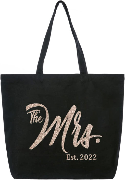 ElegantPark Future The Mrs. EST. 2022 Personalized Bride Tote Wedding Bachelorette Bridal Shower Gifts Large Shoulder Bag Black with Champagne Glitter