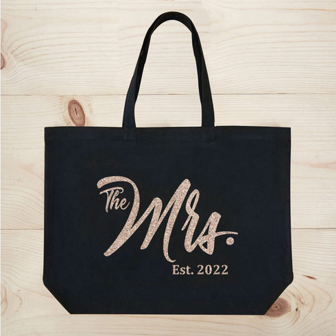 ElegantPark Future The Mrs. EST. 2022 Personalized Bride Tote Wedding Bachelorette Bridal Shower Gifts Large Shoulder Bag Black with Champagne Glitter