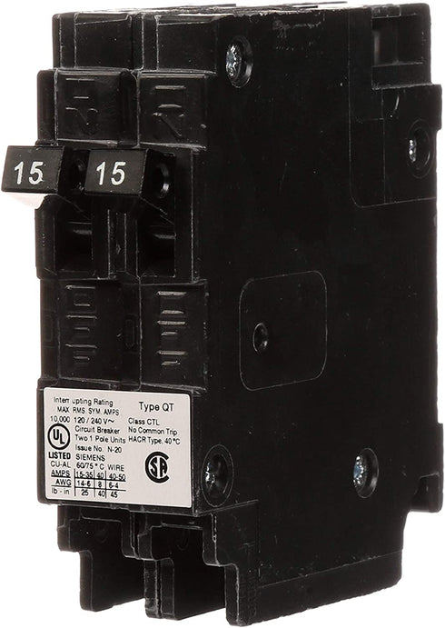 SIEMENS Q1515 Two 15-Amp Single Pole 120-Volt Circuit, use only Where Type QT Breakers are Allowed, Black