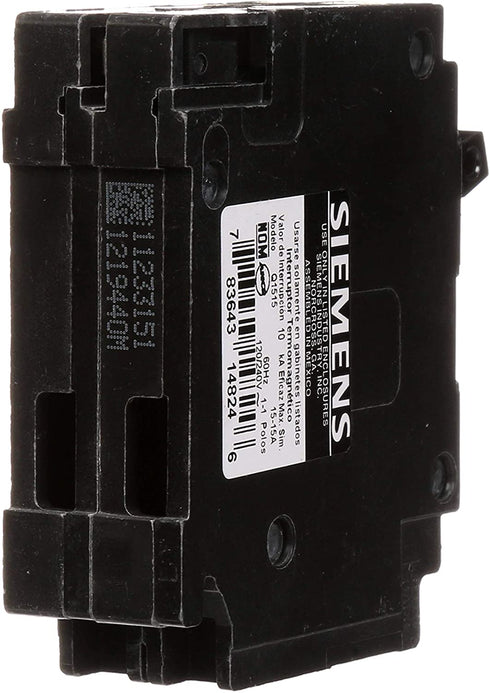 SIEMENS Q1515 Two 15-Amp Single Pole 120-Volt Circuit, use only Where Type QT Breakers are Allowed, Black