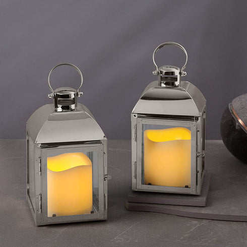 Silver Decorative Lantern, Set of 2 - LED Flameless Candles, 8 Inch, Battery Operated, 6 Hour Timer, Winter Wedding Centerpiece / Ramadan Home Decor