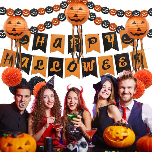 Halloween Party Decoration Kit, Orange Black Pumpkin Paper Garland Lantern Lamp Tissue Paper Pom Poms Flowers €œHappy Halloween Banner for Halloween Party Birthday Event Decorations