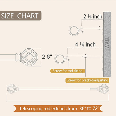 KAMANINA 1 Inch Curtain Rod Single Drapery Rod 36 to 72 Inches (3-6 Feet), Twisted Cage Finials, Black