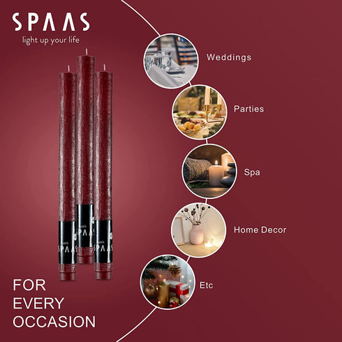 SPAAS Rustic Wine Red Candlesticks - 10" Tall Red Candles, Set of 6 Rustic Candles - Unscented Long Burning Decorative Candles for Christmas Home Decoration, Table Candles, Party, Wedding, and Holiday