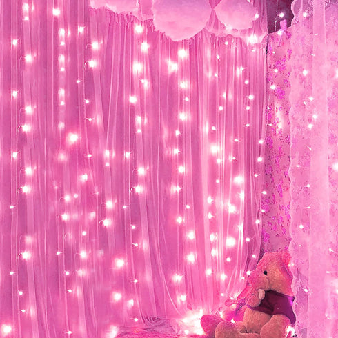 JMEXSUSS Pink Curtain Lights, 300LED Remote Control Pink Lights, 8 Modes Window Curtain Lights For Bedroom Party Room Decor