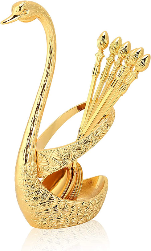 Agatige Coffee Spoon, Stainless Steel Serving Bar Dessert Spoon with Swan Holder Household Tableware (Gold)