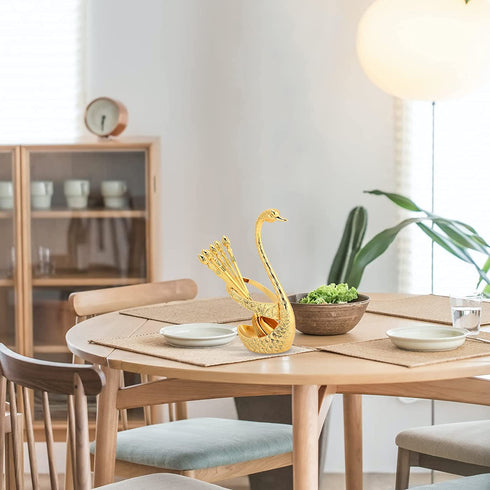 Agatige Coffee Spoon, Stainless Steel Serving Bar Dessert Spoon with Swan Holder Household Tableware (Gold)