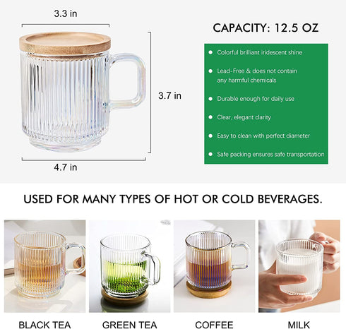 Glass Mugs, Iridescent Glass Coffee Mug with Lid, Glass Coffee Cups, Extra Large Glass Coffee Mug with lids, Clear Mugs for Coffee,12.5 Ounces, Bamboo Lid