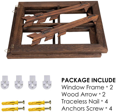 TIMEYARD Farmhouse Wall Decor Window Frame, Wooden Window Pane with Arrows Decor, Rustic Wall Art for Entryways, Living Room, Dining Room, Bedroom, Bathroom, 13in L x 2.2in W, Dark Brown, 2set