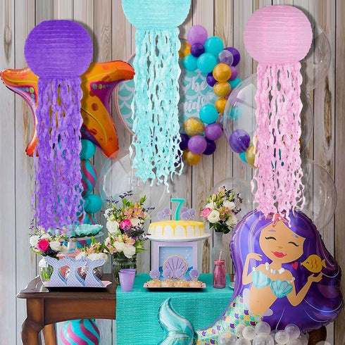 Jelly Fish Paper Lanterns, Pink Purple Blue Hanging Lantern for Mermaid Unicorn Theme Under The Sea Ocean Birthday Party Decorations Set of 6