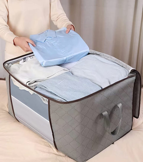SGHUO Foldable Comforter Storage Bag, 4 Pack Large Organizers for Blankets, Pillow, Quilts, Linen, Storage Containers with Thick Fabric, Sturdy Zipper, Reinforced Handles, Clear Window, Grey, 90L
