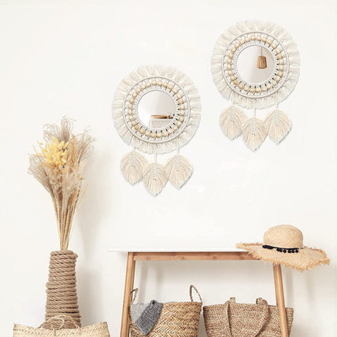 Dremisland Hanging Wall Mirror-Boho Macrame Fringe Round Decorative Mirror with Wood Beads Feather Pendant?Art Ornament for Apartment Home Bedroom Living Room
