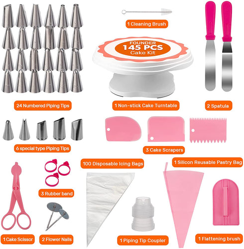 AISARCH Cake Decorating Supplies Kit,145 Pcs Cake Decorating Tools Set,Cake Turntable Set/Cake Stand with Piping Tips,Rose&Leaf Icing Tips,Cake Decorating Icing Spatula Set