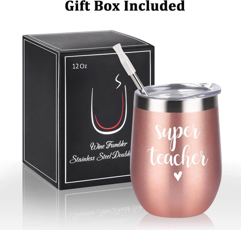 Super Teacher Stainless Steel Wine Tumbler, Christmas Birthday Appreciation Retirement Teacher™s Day Thank You Gifts for Teacher Tutor Professor Women, 12 oz Insulated Wine Tumbler with Lid, Rose Gold