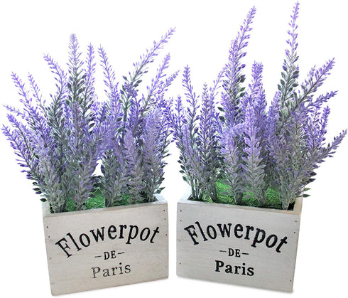 Butterfly Craze Artificial Lavender Plants in White Box Pots (Set of Two) Rustic Home Decor and Beautiful Lifelike Faux Silk Flower Arrangements for Kitchen, Office, Weddings & Beyond - White Boxes