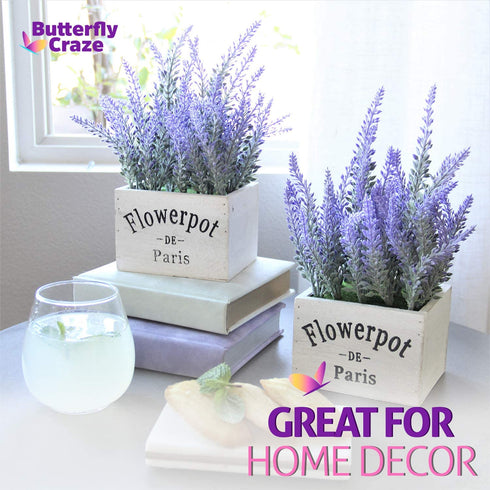 Butterfly Craze Artificial Lavender Plants in White Box Pots (Set of Two) Rustic Home Decor and Beautiful Lifelike Faux Silk Flower Arrangements for Kitchen, Office, Weddings & Beyond - White Boxes