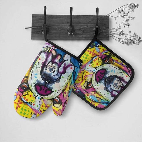 English Bulldog Pattern Oven Mitts and Pot Holders Set Kitchen Gift Set for Kitchen Cooking Baking BBQ