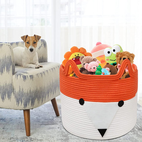 MHOMER XXLarge 14''x14''x13'' Blanket Basket Living Room Foldable Baby Laundry Basket Extra Large Cute Fox Blanket Storage for Living Room Basket with Handle Laundry Cotton Rope Gift Clothes Basket