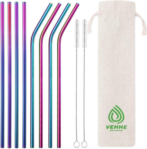 VEHHE Metal Straws Drinking Straws 10.5" Stainless Steel Straws Reusable 8 Set - Ultra Long Rainbow Color-Cleaning Brush for 20/30 Oz for Yeti