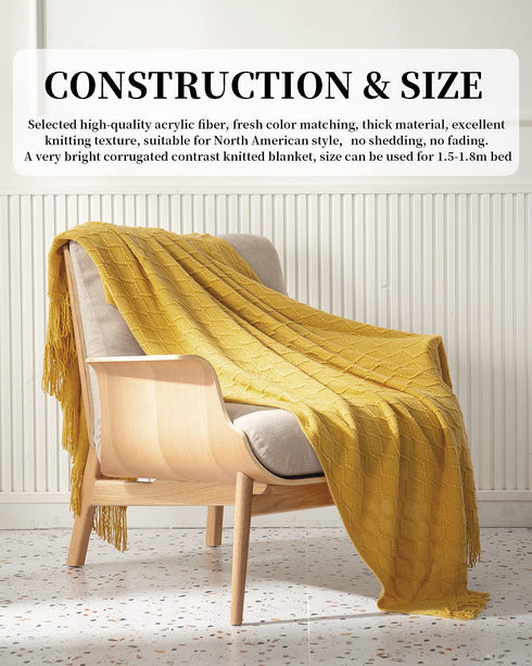 SPAOMY Throw Blanket, Knit Blanket with Tassels, Textured Cozy Lightweight Decorative Throw Blanket for Couch, Bed, Sofa, Travel- All Seasons (60x80 Inch, Mustard Yellow)
