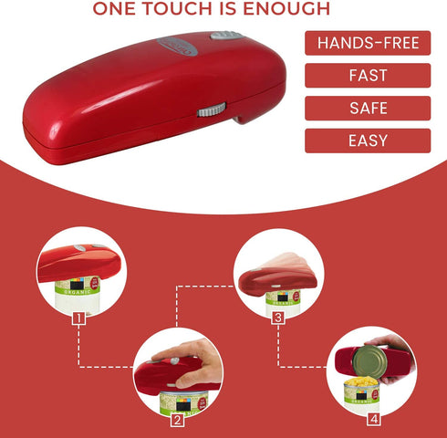 Hystrada Electric Can Opener - No Sharp Edge Handheld Can Opener - Battery Operated Can Opener - Easy One-Touch Operation Can Opener - Automatic Can Opener Works on All Types of Cans (Red)