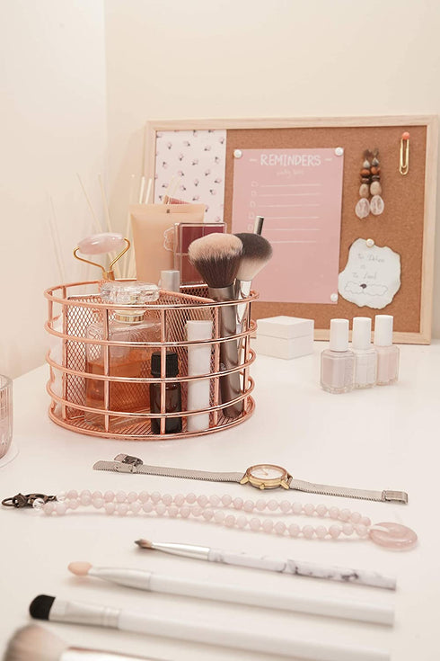 Rosework Rose Gold Makeup Brush Holder, Round Makeup Organizer For Vanity, 4 Compartment Makeup Brush Organizer and Cosmetic Brush Holder, Great Skincare Organizer and Makeup Brush Storage