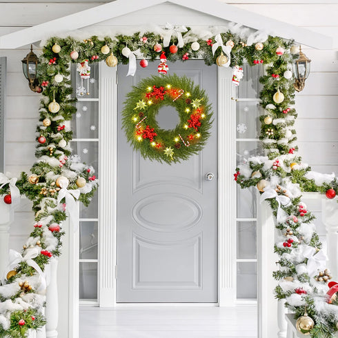 YoleShy Pre-lit Christmas Wreath for Front Door with Hanger 18" Battery Operated Christmas Wreath with Lights Red Berry Pine Cone Candy Cane, Christmas Decorations for Window, Wall Decor, Fireplace