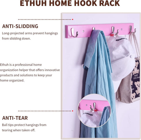 Wall Mounted Coat Rack Ethuh Rustic Wall Hook Solid Wood Hat Hanger Entryway Hanging Coat Rack4 Silver Metal for Entryway, only 1screws to Hold The Hooks Rack (Pink Nickel-Plated)
