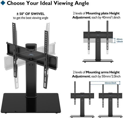 BONTEC Swivel Table Top TV Stand for 26-55 LED OLED LCD Plasma Flat Curved Screens Height Adjustable Glass Base Max, VESA 400x400mm up to 99lbs