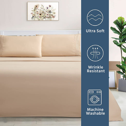 wavveUziz Bed Sheet Set Super Soft 100% Microfiber Sheet 1800 Brushed Microfiber Embroidered Full Size Bed Sheets 16-Inch Deep Pocket - 4 Piece, Beige